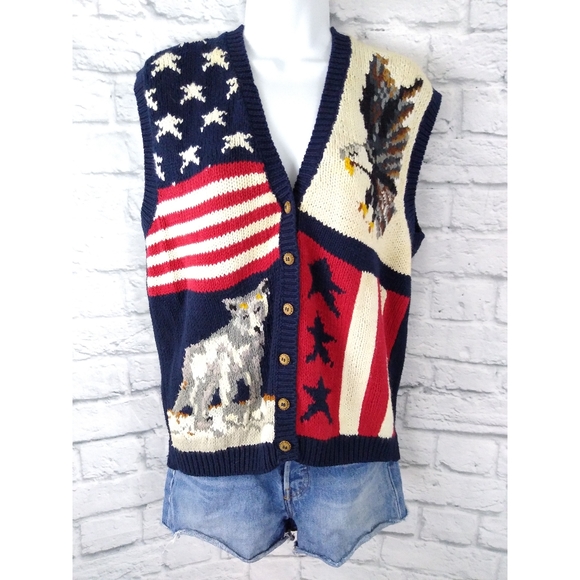 The Eagle's Eye Jackets & Blazers - Vintage Hand Knit Wolf Eagle USA Flag Knit Vest